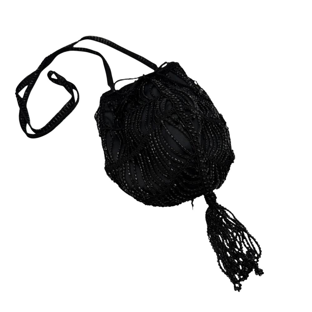 Karen Millen Beaded Tassel Crochet Crossbody Bag Black Drawstring Pouch Y2K